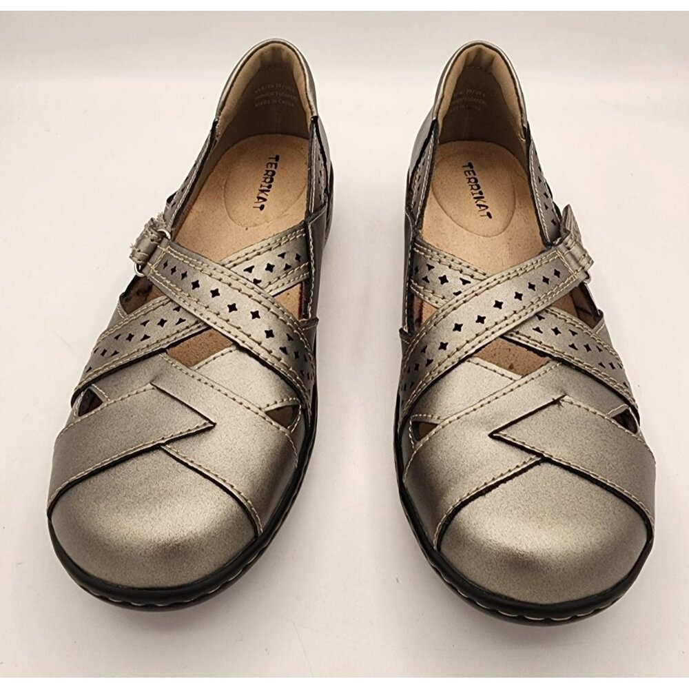 Terrikat Women's Metallic Silver Leather Mary Jane Shoes Loafers Comfort Slip On